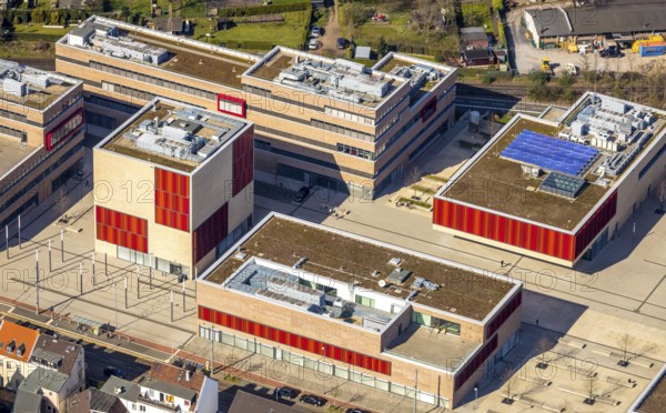 Aerial photo, Campus Mühlheim, MH Hochschule Ruhr West, Linksruhr, Mülheim an der Ruhr, Ruhr area, North Rhine-Westphalia, Germany, Mülheim, an, der, Ruhr, DE, Europe, birds-eyes, view, aerial photograph, aerial photography, aerial photography, overview, overview, bird's eye view, student, university, bachelor, master, study, university, education, research