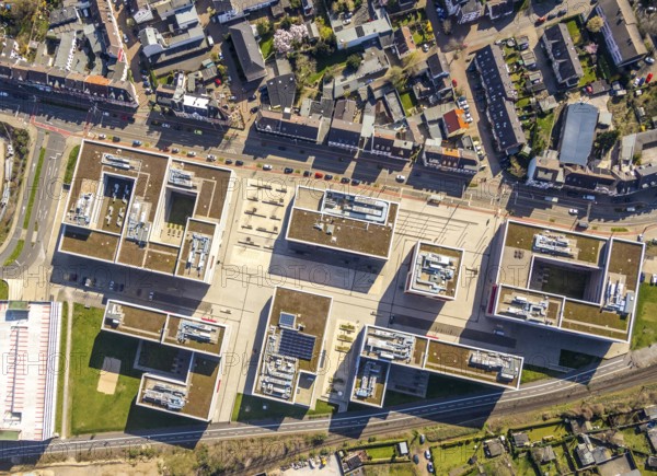 Aerial photo, Campus Mühlheim, MH Hochschule Ruhr West, Linksruhr, Mülheim an der Ruhr, Ruhr area, North Rhine-Westphalia, Germany, Mülheim, an, der, Ruhr, DE, Europe, birds-eyes, view, aerial photograph, aerial photography, aerial photography, overview, overview, bird's eye view, student, university, bachelor, master, study, university, education, research