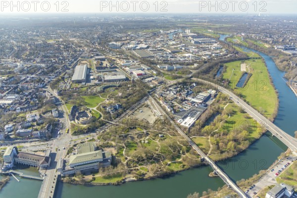Aerial view, industrial area Schloss Broich and Gerwegegebiet Hafen Nord, Schloss Broich, civic hall Mülheim, Linksruhr, Mülheim an der Ruhr, Ruhr area, North Rhine-Westphalia, Germany, Mülheim, an, der, Ruhr, DE, Europe, birds-eyes, view, aerial view, aerial photography, aerial photography, overview, overview, bird's-eye view, water, waterways, shipping, transport, logistics, goods, trade, infrastructure, river, waterway, goods movement, ships, waters, industry, commerce, economy, business, production, industrial area, manufacturing