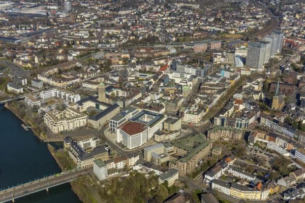 Aerial view, Ruhrbania in the city centre of Mülheim, Ruhr, bridge over the river Ruhe, Protestant Petrikirche, Catholic Church St. Mariä Geburt, Evenglische Landeskirche, Ruhr Valley, Rathaus, Ruhrbaniabaufelder, Altstadt I, Mülheim an der Ruhr, Ruhr Area, North Rhine-Westphalia, Deutschland, Mülheim, an, der, DE, Europa, birds-eyes, view, Luftaufnahme, Luftbildfotografie, Luftfotografie, overview, Übersicht, Vogelperspektive, Ruhrbania, Stadtentwicklung, Städtebau, Fluss, Neustrukurierung, Veränderung, Gotteshaus, Religion, Glauben, Gottesdienst, Messe, Altstadt, Historsiche, Bauwerke