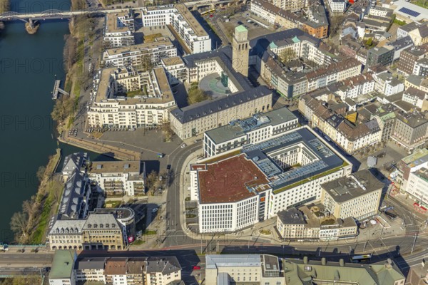 Aerial view, Ruhrbania in the city centre of Mülheim, Ruhr, Ruhr valley, town hall, Ruhrbaniabaufelder, Altstadt I, Mülheim an der Ruhr, Ruhr area, North Rhine-Westphalia, Germany, Mülheim, an, der, DE, Europe, birds-eyes, view, aerial photograph, aerial photography, aerial photography, overview, overview, bird's eye view, Ruhrbania, urban development, urban planning, river, restructuring, change
