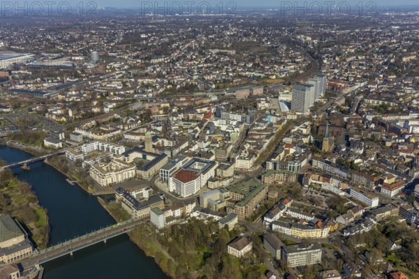 Aerial view, Ruhrbania in the city centre of Mülheim, Ruhr, bridge over the river Ruhe, Protestant Petrikirche, Catholic Church St. Mariä Geburt, Evenglische Landeskirche, Ruhr Valley, Rathaus, Ruhrbaniabaufelder, Altstadt I, Mülheim an der Ruhr, Ruhr Area, North Rhine-Westphalia, Deutschland, Mülheim, an, der, DE, Europa, birds-eyes, view, Luftaufnahme, Luftbildfotografie, Luftfotografie, overview, Übersicht, Vogelperspektive, Ruhrbania, Stadtentwicklung, Städtebau, Fluss, Neustrukurierung, Veränderung, Gotteshaus, Religion, Glauben, Gottesdienst, Messe, Altstadt, Historsiche, Bauwerke