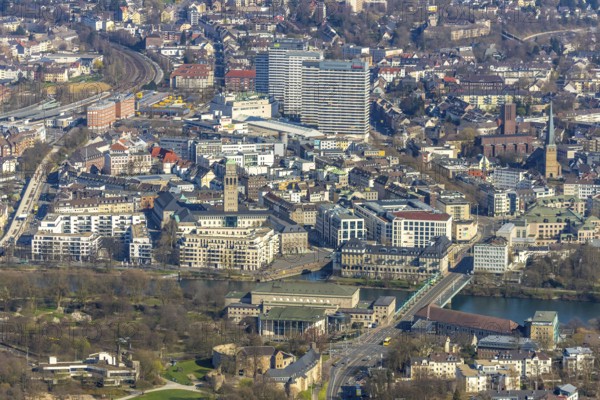 Aerial view, Ruhrbania in the city centre of Mülheim, Ruhr, Ruhr valley, town hall, Ruhrbaniabaufelder, Altstadt I, Mülheim an der Ruhr, Ruhr area, North Rhine-Westphalia, Germany, Mülheim, an, der, DE, Europe, birds-eyes, view, aerial photograph, aerial photography, aerial photography, overview, overview, bird's eye view, Ruhrbania, urban development, urban planning, river, restructuring, change