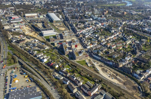 Aerial photo, Campus Mühlheim, MH Hochschule Ruhr West, Linksruhr, Mülheim an der Ruhr, Ruhr area, North Rhine-Westphalia, Germany, Mülheim, an, der, Ruhr, DE, Europe, birds-eyes, view, aerial photograph, aerial photography, aerial photography, overview, overview, bird's eye view, student, university, bachelor, master, study, university, education, research