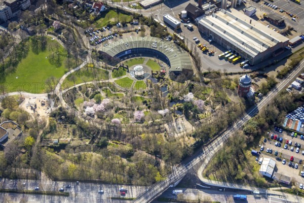 Aerial view, Park at Broich Castle, Alter Ringlokschuppen, cultural centre, playgrounds, Linksruhr, Mülheim an der Ruhr, Ruhr area, North Rhine-Westphalia, Germany, Mülheim, an, der, Ruhr, DE, Europe, birds-eyes, view, aerial photography, aerial photography, overview, overview, bird's eye view, leisure, recreation, green spaces, flowers, trees, playground, children, playing, events, culture, music, theatre, show