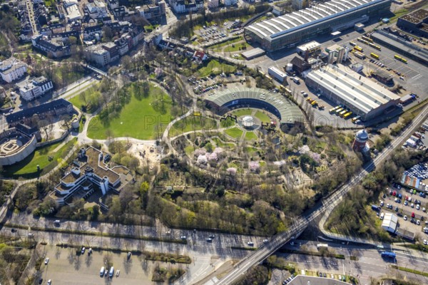 Aerial view, Park at Broich Castle, Alter Ringlokschuppen, cultural centre, playgrounds, Linksruhr, Mülheim an der Ruhr, Ruhr area, North Rhine-Westphalia, Germany, Mülheim, an, der, Ruhr, DE, Europe, birds-eyes, view, aerial photography, aerial photography, overview, overview, bird's eye view, leisure, recreation, green spaces, flowers, trees, playground, children, playing, events, culture, music, theatre, show