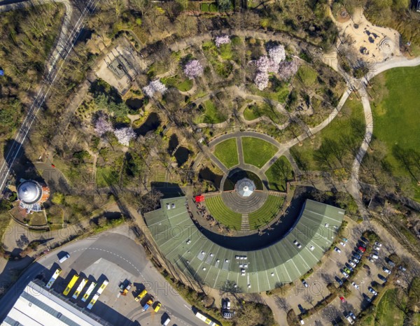 Aerial view, Park at Broich Castle, Alter Ringlokschuppen, cultural centre, playgrounds, Linksruhr, Mülheim an der Ruhr, Ruhr area, North Rhine-Westphalia, Germany, Mülheim, an, der, Ruhr, DE, Europe, birds-eyes, view, aerial photography, aerial photography, overview, overview, bird's eye view, leisure, recreation, green spaces, flowers, trees, playground, children, playing, events, culture, music, theatre, show