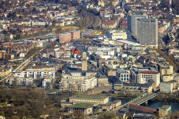 Aerial view, Ruhrbania in the city centre of Mülheim, Ruhr, Ruhr valley, town hall, Ruhrbaniabaufelder, Altstadt I, Mülheim an der Ruhr, Ruhr area, North Rhine-Westphalia, Germany, Mülheim, an, der, DE, Europe, birds-eyes, view, aerial photograph, aerial photography, aerial photography, overview, overview, bird's eye view, Ruhrbania, urban development, urban planning, river, restructuring, change