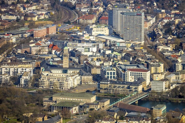 Aerial view, Ruhrbania in the city centre of Mülheim, Ruhr, Ruhr valley, town hall, Ruhrbaniabaufelder, Altstadt I, Mülheim an der Ruhr, Ruhr area, North Rhine-Westphalia, Germany, Mülheim, an, der, DE, Europe, birds-eyes, view, aerial photograph, aerial photography, aerial photography, overview, overview, bird's eye view, Ruhrbania, urban development, urban planning, river, restructuring, change