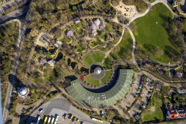 Aerial view, Park at Broich Castle, Alter Ringlokschuppen, cultural centre, playgrounds, Linksruhr, Mülheim an der Ruhr, Ruhr area, North Rhine-Westphalia, Germany, Mülheim, an, der, Ruhr, DE, Europe, birds-eyes, view, aerial photography, aerial photography, overview, overview, bird's eye view, leisure, recreation, green spaces, flowers, trees, playground, children, playing, events, culture, music, theatre, show