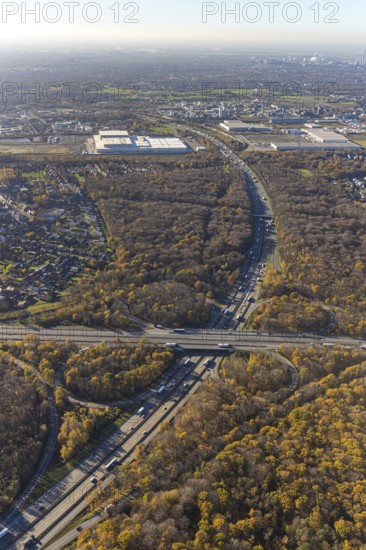 Aerial view, motorway junction Oberhausen, motorway A3, federal road B516, forest area in autumn colours, Schmachtendorf, Oberhausen, Ruhr area, North Rhine-Westphalia, Germany, motorway bridge, motorway junction, bridge, DE, Europe, autumn colours, autumn forest, aerial view, aerial photography, aerial photography, overview, traffic volume, bird's-eye view, forest area, birds-eyes view, overview