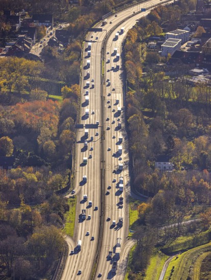 Aerial view, motorway A3, junction Oberhausen-Holten, Buschhausen, Oberhausen, Ruhr area, North Rhine-Westphalia, Germany, motorway junction, DE, Europe, backlight, aerial view, aerial photography, aerial photography, passenger traffic, road traffic, overview, traffic, traffic volume, bird's eye view, birds-eyes view, overview