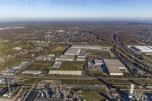 Aerial view, industrial estate Im Lekkerland, Geodis Logistik, Lekkerland, SEGRO Logistics Park, Waldteich, Holten, Oberhausen, Ruhr area, North Rhine-Westphalia, Germany, DE, Europe, commercial enterprises, commercial area, industrial estate, commercial park, commercial location, commercial use, freight transport, industrial area, industrial building, industrial site, logistics, logistics service, logistics service provider, logistics provider, logistics centre, aerial view, aerial photography, aerial photography, freight forwarding, transport, transport service, overview, bird's eye view, birds-eyes view, im Lekkerland, overview
