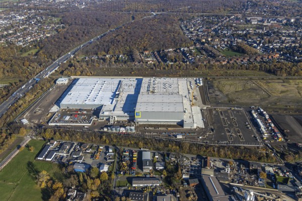 Aerial view, Edeka central warehouse logistics centre, Waldteich, Schwarrze Heide, Oberhausen, Ruhr area, North Rhine-Westphalia, Germany, A3 motorway, DE, Edeka Rhein-Ruhr, Europe, freight transport, logistics, logistics service, logistics service provider, logistics provider, logistics centre, aerial view, aerial photography, aerial photography, aerial photography, freight forwarding, transport, transport service, overview, bird's-eye view, Waldteichstraße, birds-eyes view, overview