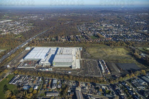 Aerial view, Edeka central warehouse logistics centre, Waldteich, Schwarrze Heide, Oberhausen, Ruhr area, North Rhine-Westphalia, Germany, A3 motorway, DE, Edeka Rhein-Ruhr, Europe, freight transport, logistics, logistics service, logistics service provider, logistics provider, logistics centre, aerial view, aerial photography, aerial photography, aerial photography, freight forwarding, transport, transport service, overview, bird's-eye view, Waldteichstraße, birds-eyes view, overview