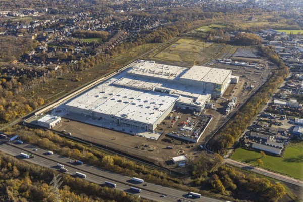 Aerial view, Edeka central warehouse logistics centre, Waldteich, Schwarrze Heide, Oberhausen, Ruhr area, North Rhine-Westphalia, Germany, A3 motorway, DE, Edeka Rhein-Ruhr, Europe, freight transport, logistics, logistics service, logistics service provider, logistics provider, logistics centre, aerial view, aerial photography, aerial photography, aerial photography, freight forwarding, transport, transport service, overview, bird's-eye view, Waldteichstraße, birds-eyes view, overview
