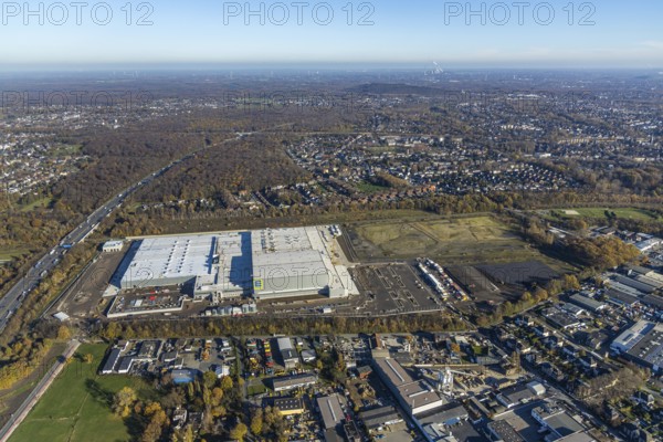 Aerial view, Edeka central warehouse logistics centre, Waldteich, Schwarrze Heide, Oberhausen, Ruhr area, North Rhine-Westphalia, Germany, A3 motorway, DE, Edeka Rhein-Ruhr, Europe, freight transport, logistics, logistics service, logistics service provider, logistics provider, logistics centre, aerial view, aerial photography, aerial photography, aerial photography, freight forwarding, transport, transport service, overview, bird's-eye view, Waldteichstraße, birds-eyes view, overview