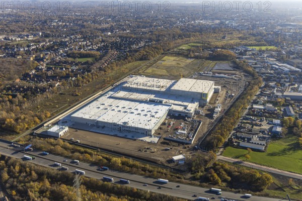 Aerial view, Edeka central warehouse logistics centre, Waldteich, Schwarrze Heide, Oberhausen, Ruhr area, North Rhine-Westphalia, Germany, A3 motorway, DE, Edeka Rhein-Ruhr, Europe, freight transport, logistics, logistics service, logistics service provider, logistics provider, logistics centre, aerial view, aerial photography, aerial photography, aerial photography, freight forwarding, transport, transport service, overview, bird's-eye view, Waldteichstraße, birds-eyes view, overview