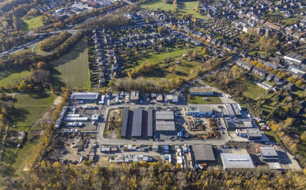 Aerial view, commercial area Im Venn, Sterkrader Venn, Königshtardt, Oberhausen, Ruhr area, North Rhine-Westphalia, Germany, DE, Europe, commercial enterprises, commercial area, commercial park, commercial location, commercial use, autumn colours, industrial area, industrial building, industrial location, Kasper Bau, aerial photograph, aerial photography, aerial photography, overview, Venngraben, bird's-eye view, bird's-eye view, overview