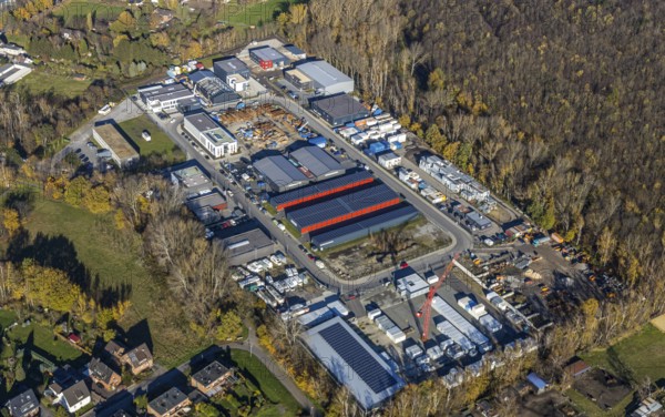 Aerial view, commercial area Im Venn, Sterkrader Venn, Königshtardt, Oberhausen, Ruhr area, North Rhine-Westphalia, Germany, DE, Europe, commercial enterprises, commercial area, commercial park, commercial location, commercial use, autumn colours, industrial area, industrial building, industrial location, Kasper Bau, aerial photograph, aerial photography, aerial photography, overview, Venngraben, bird's-eye view, bird's-eye view, overview