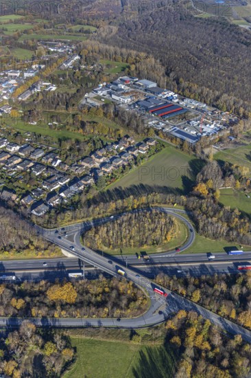 Aerial view, industrial area Im Venn, Sterkrader Venn, motorway A2 junction Oberhausen-Königshtardt, Königshtardt, Oberhausen, Ruhr area, North Rhine-Westphalia, Germany, motorway A2, motorway junction, DE, Europe, commercial enterprises, commercial area, commercial park, commercial location, commercial use, autumn colours, industrial area, industrial building, industrial location, Kasper Bau, aerial view, aerial photography, aerial photography, overview, Venngraben, bird's eye view, birds-eyes view, overview