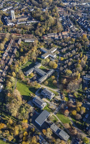 Aerial view, ASO Alteneinrichtungen der Stadt Oberhausen, Elly-Heuss-Knapp-Straße, Tackenberg West, Oberhausen, Ruhr area, North Rhine-Westphalia, Germany, retirement home, nursing home, care and nursing, DE, Europe, cross shape, aerial view, aerial photography, aerial photography, care facility, retirement home, retirement residence, retirement home, senior centre, overview, bird's eye view, birds-eyes view, overview