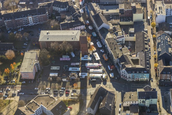 Aerial view, catholic church St. Clemens, big market, market stalls, Sterkrade Mitte, Oberhausen, Ruhr area, North Rhine-Westphalia, Germany, place of worship, DE, shopping, shopping markets, shopping place, Europe, pedestrian zone, religious community, place of worship, holy place, church, parish, denomination, aerial view, aerial photography, aerial photography, market place, local supply centre, religion, religious place, overview, bird's eye view, birds-eyes view, overview