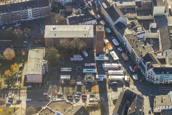 Aerial view, catholic church St. Clemens, big market, market stalls, Sterkrade Mitte, Oberhausen, Ruhr area, North Rhine-Westphalia, Germany, place of worship, DE, shopping, shopping markets, shopping place, Europe, pedestrian zone, religious community, place of worship, holy place, church, parish, denomination, aerial view, aerial photography, aerial photography, market place, local supply centre, religion, religious place, overview, bird's eye view, birds-eyes view, overview