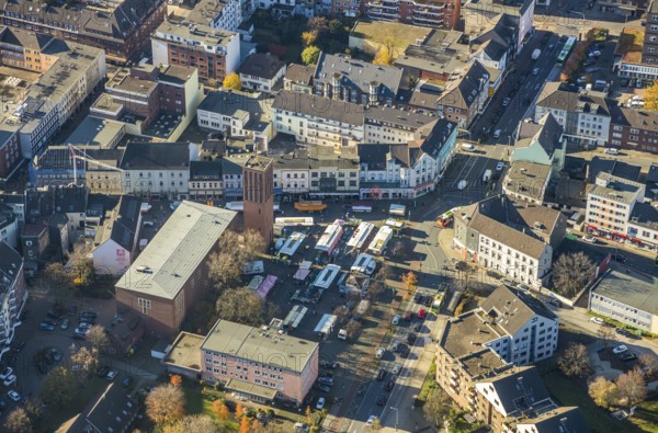 Aerial view, catholic church St. Clemens, Grosser Markt, market stalls, Sterkrade Mitte, Oberhausen, Ruhr area, North Rhine-Westphalia, Germany, place of worship, city, DE, shopping, shopping markets, shopping square, Europe, pedestrian zone, religious community, place of worship, holy site, city centre, church, parish, denomination, aerial view, aerial photography, aerial photography, marketplace, local supply centre, local view, religion, religious site, townscape, city centre, overview, bird's-eye view, overview