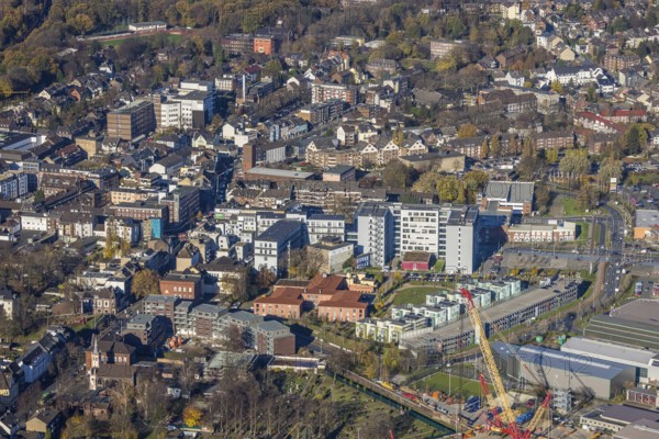 Aerial view, catholic church St. Clemens, Großer Markt, market stalls, construction project day-care centre and flats Steinbrinkstraße corner Eugen-Zur-Nieden-Ring, Steinbrinkschule, Friedenskirche, Sterkrade Mitte, Oberhausen, Ruhr area, North Rhine-Westphalia, Germany, place of worship, construction work, construction area, building site, building plots, construction measure, construction project, construction site, education, educational institution, city, DE, shopping, shopping markets, shopping square, Europe, pedestrian zone, religious community, place of worship, property tax, sanctuary, real estate, city centre, kindergarten, day nursery, day care centre, church, parish, day nursery, denomination, educational institute, aerial view, aerial photography, aerial photography, market place, local supply centre, new building, local view, religion, religious site, school, townscape, city centre, overview, bird's eye view, residential complex, living and life, residential area, residen...
