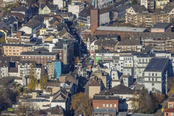 Aerial view, catholic church St. Clemens, Grosser Markt, market stalls, Sterkrade Mitte, Oberhausen, Ruhr area, North Rhine-Westphalia, Germany, place of worship, city, DE, shopping, shopping markets, shopping square, Europe, pedestrian zone, religious community, place of worship, holy site, city centre, church, parish, denomination, aerial view, aerial photography, aerial photography, marketplace, local supply centre, local view, religion, religious site, townscape, city centre, overview, bird's-eye view, overview