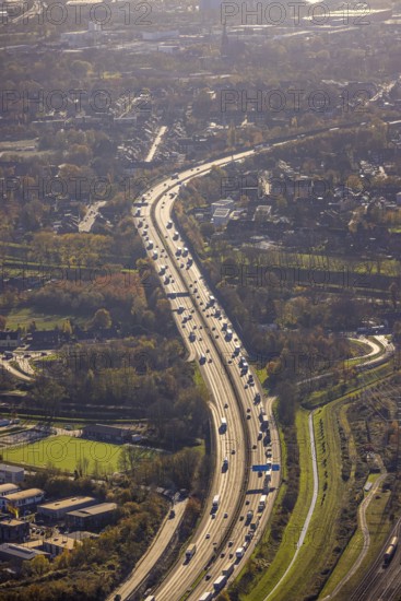 Aerial view, motorway A3, junction Oberhausen-Holten, Buschhausen, Oberhausen, Ruhr area, North Rhine-Westphalia, Germany, motorway junction, DE, Europe, backlight, aerial view, aerial photography, aerial photography, passenger traffic, road traffic, overview, traffic, traffic volume, bird's eye view, birds-eyes view, overview