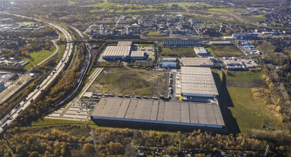 Aerial view, commercial area Im Lekkerland, Lekkerland, Holten, Oberhausen, Ruhr area, North Rhine-Westphalia, Germany, DE, Europe, commercial enterprises, commercial area, commercial park, commercial location, commercial use, freight traffic, industrial area, industrial building, industrial location, logistics, logistics service, logistics service provider, logistics provider, logistics centre, aerial view, aerial photography, aerial photography, aerial photography, freight forwarding, transport, transport service, overview, bird's eye view, birds-eyes view, im Lekkerland, overview