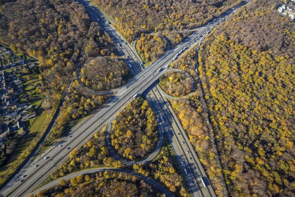 Aerial view, motorway junction Oberhausen, motorway A3, federal road B516, forest area in autumn colours, Schmachtendorf, Oberhausen, Ruhr area, North Rhine-Westphalia, Germany, motorway bridge, motorway junction, bridge, DE, Europe, autumn colours, autumn forest, aerial view, aerial photography, aerial photography, overview, traffic volume, bird's-eye view, forest area, birds-eyes view, overview