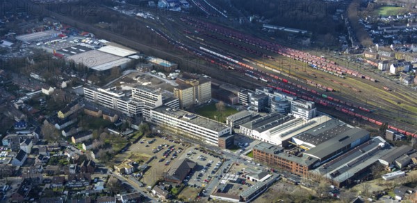 Aerial view, Quartier231 Businesspark, freight yard Oberhausen West, Oberhausen, Ruhr area, North Rhine-Westphalia, Germany, railway area, railway tracks, business, office building, DE, Deutsche Bahn AG, Europe, commercial enterprises, commercial area, commercial park, commercial use, industrial site, aerial photograph, aerial photography, aerial photography, marshalling yard, revitalisation, overview, bird's eye view, birds-eyes view, overview