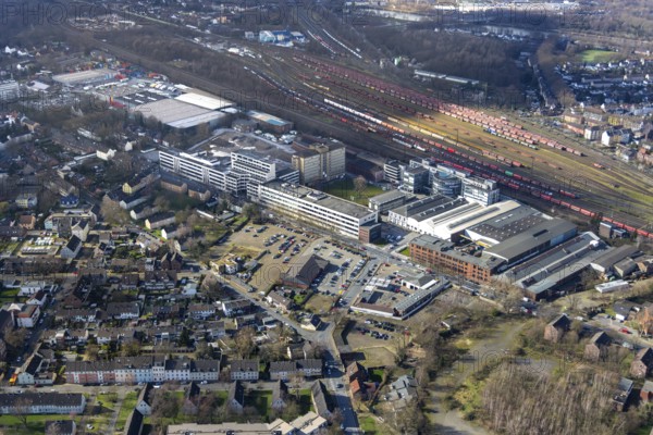 Aerial view, Quartier231 Businesspark, freight yard Oberhausen West, Oberhausen, Ruhr area, North Rhine-Westphalia, Germany, railway area, railway tracks, business, office building, DE, Deutsche Bahn AG, Europe, commercial enterprises, commercial area, commercial park, commercial use, industrial site, aerial photograph, aerial photography, aerial photography, marshalling yard, revitalisation, overview, bird's eye view, birds-eyes view, overview