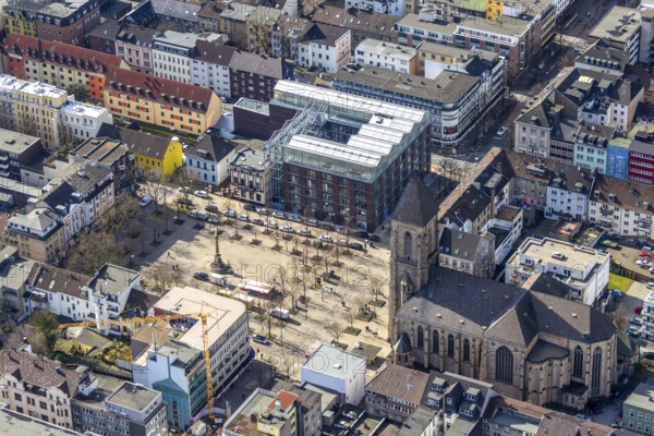 Aerial view, Altmarkt, Job Centre with rooftop greenhouse, Catholic Church at Altmarkt, Victory Column, Oberhausen, Ruhr area, North Rhine-Westphalia, Germany, employment office, authority, DE, monument, Europe, war memorial, aerial view, aerial photography, aerial photography, market place, sight, Victory Column Oberhausen, overview, bird's-eye view, historical, overview