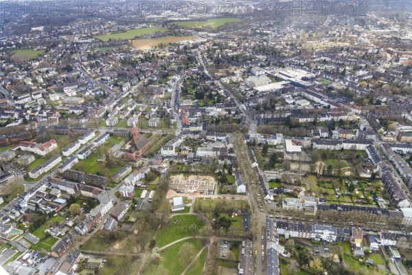 Aerial view, new building, municipal. Kindergarten Am Uhlandpark, Uhlandpark, catholic church St. Michael, Oberhausen, Ruhr area, North Rhine-Westphalia, Germany, DE, Europe, religious community, place of worship, kindergarten, day-care centre, day-care facility, church, parish, day-care centre, denomination, aerial view, aerial photography, aerial photography, park, religion, overview, Uhlandstraße, bird's-eye view, birds-eyes view, overview