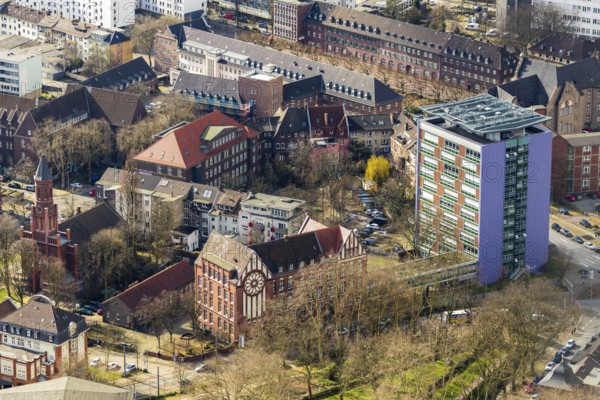 Aerial view, Hans-Böckler-Berufskolleg high-rise building, Adolf-Feld-Schule, evang. Christuskirche Nohlstraße, Oberhausen, Ruhr area, North Rhine-Westphalia, Germany, DE, Europe, commercial buildings, religious community, place of worship, church, parish, denomination, aerial photograph, aerial photography, aerial photography, religion, overview, bird's-eye view, residential complex, living and working, living and life, residential area, residential buildings, birds-eyes view, overview