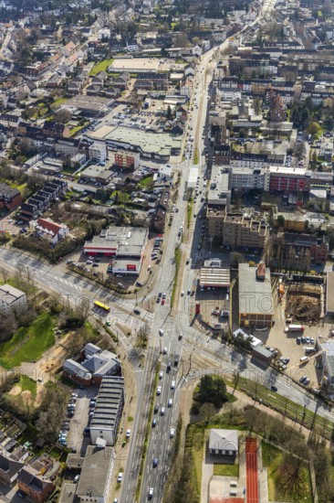 Aerial view, Oberhausen City-Ost, intersection Mülheimer Straße, Danziger Straße, commercial buildings, residential buildings, Oberhausen, Ruhr area, North Rhine-Westphalia, Germany, federal road B223, City, DE, Europe, city centre, aerial view, aerial photography, aerial photography, city view, city area, city centre, overview, bird's-eye view, overview