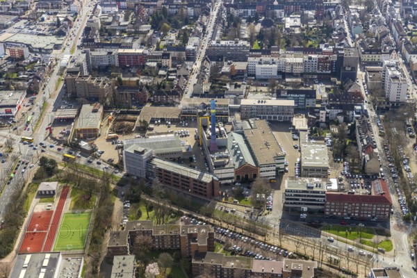 Aerial view, Energieversorgung Oberhausen AG, Oberhausen, Ruhr area, North Rhine-Westphalia, Germany, DE, Danziger Straße, energy supplier, energy industry, Europe, property tax, high-rise buildings, real estate, aerial view, aerial photography, aerial photography, apartment buildings, apartment blocks, electricity, electricity supply company, overview, bird's-eye view, housing estate, housing and living, residential area, residential buildings, birds-eyes view, overview
