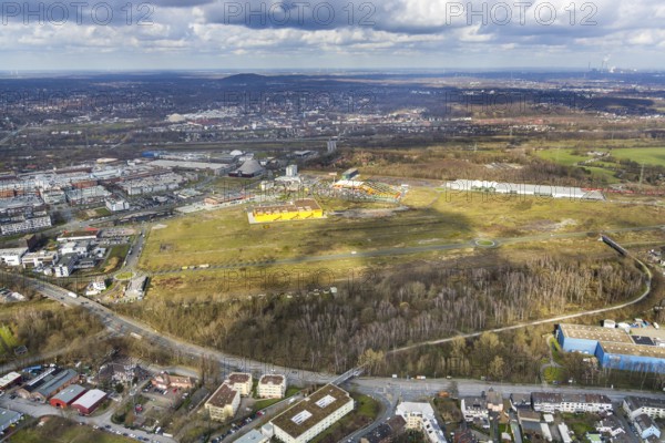 Aerial view, Centro shopping centre, new building POCO Einrichtungsmarkt, Neue Mitte, steelworks area, yellow-red building, Oberhausen, Ruhr area, North Rhine-Westphalia, Germany, construction area, DE, shopping centre, shopping mall, shopping mile, shopping markets, shopping square, shopping centre, Europe, aerial view, aerial photography, aerial photography, furniture shop, local supply centre, shopping, overview, bird's-eye view, overview