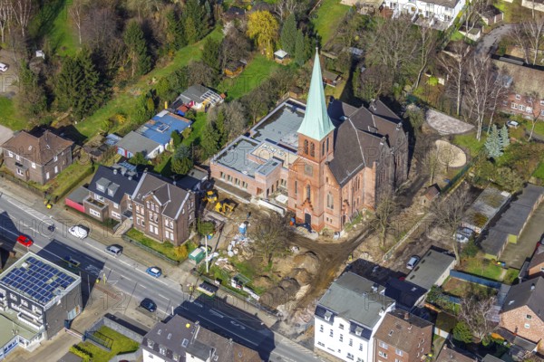 Aerial view, Evang. Auferstehungskirche, construction site, new community centre, Osterfeld, Oberhausen, Ruhr area, North Rhine-Westphalia, Germany, construction work, construction area, building site, building plots, construction measure, construction project, construction site, DE, development, Europe, community centre, religious community, place of worship, capacity requirement, Kapellenstraße, church, church community, denomination, aerial view, aerial photography, aerial photography, new building, religion, overview, Vestische Straße, bird's eye view, birds-eyes view, overview