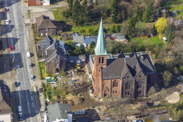 Aerial view, Evang. Auferstehungskirche, construction site, new community centre, Osterfeld, Oberhausen, Ruhr area, North Rhine-Westphalia, Germany, construction work, construction area, building site, building plots, construction measure, construction project, construction site, DE, development, Europe, community centre, religious community, place of worship, capacity requirement, Kapellenstraße, church, church community, denomination, aerial view, aerial photography, aerial photography, new building, religion, overview, Vestische Straße, bird's eye view, birds-eyes view, overview