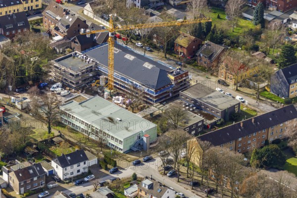 Aerial view, former secondary school Eisenheim, construction area new building Robert-Koch-Schule, Erikastraße, area TTC Osterfeld 2012 e.V., Osterfeld, Oberhausen, Ruhr area, North Rhine-Westphalia, Germany, construction work, construction area, building site, building plots, construction crane, construction measure, construction project, construction site, education, educational institution, DE, development, Europe, primary school, capacity requirements, teaching institute, aerial view, aerial photography, aerial photography, new building, school, overview, bird's-eye view, bird's-eye view, overview