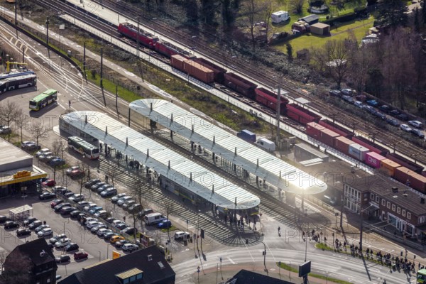 Aerial view, Oberhausen-Sterkrade railway station, public transport, bus stop, bus stop canopy, Sterkrade, Oberhausen, Ruhr area, North Rhine-Westphalia, Germany, bus station, bus stop canopy, DE, Europe, aerial view, aerial photography, aerial photography, car parks, overview, bird's-eye view, overview