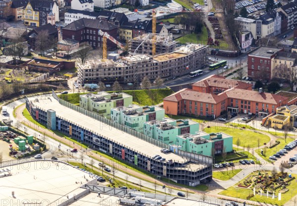 Aerial view, Gute Hoffnung residential complex, Reinholf-Krohn-Park, car park Technisches Kaufhaus, construction site new building Steinbrinkstraße Eugen-Zur-Nieden-Ring, Sterkrade, Oberhausen, Ruhr area, North Rhine-Westphalia, Germany, construction work, construction area, construction site, building plots, construction crane, construction measure, construction project, construction site, DE, Europe, capacity requirement, aerial view, aerial photography, aerial photography, new building, overview, bird's-eye view, overview