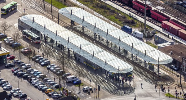 Aerial view, Oberhausen-Sterkrade railway station, public transport, bus stop, bus stop canopy, Sterkrade, Oberhausen, Ruhr area, North Rhine-Westphalia, Germany, bus station, bus stop canopy, DE, Europe, aerial view, aerial photography, aerial photography, car parks, overview, bird's-eye view, overview