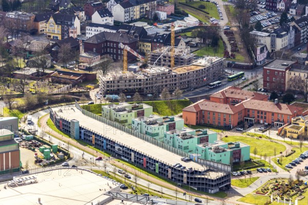 Aerial view, Gute Hoffnung residential complex, Reinholf-Krohn-Park, car park Technisches Kaufhaus, construction site new building Steinbrinkstraße Eugen-Zur-Nieden-Ring, Sterkrade, Oberhausen, Ruhr area, North Rhine-Westphalia, Germany, construction work, construction area, construction site, building plots, construction crane, construction measure, construction project, construction site, DE, Europe, capacity requirement, aerial view, aerial photography, aerial photography, new building, overview, bird's-eye view, overview