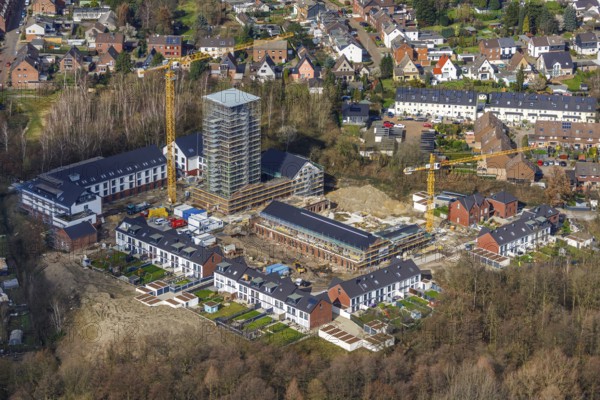 Aerial view, construction site residential area and commercial areas in Lebenspark Schacht IV, Zum Dörnbusch, Osterfeld, Oberhausen, Ruhr area, North Rhine-Westphalia, Germany, construction work, construction site, building plots, construction crane, construction project, construction site, DE, Europe, commercial space, commercial area, commercial park, commercial site, commercial use, capacity requirement, aerial view, aerial photography, aerial photography, new construction, overview, bird's-eye view, former shaft IV of Osterfeld colliery, former mine, overview
